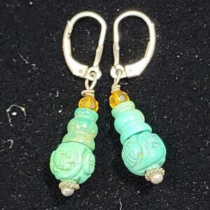 Asian Design Carved Turquoise Acrylic Amber Bead Sterling Silver Earrings Leaver